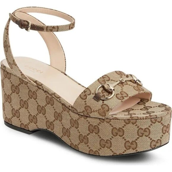Gucci Shoes - Gucci Women’s Horsebit Platform Wedge Sandals GG Canvas Size 39.5